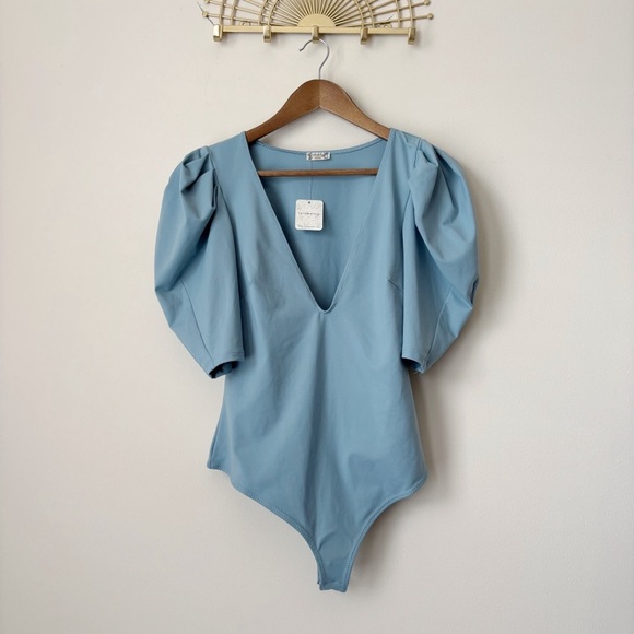 Free People Va Va Voop Bodysuit Medium Puff Sleeve Sky Blue NEW NWT - Picture 10 of 10